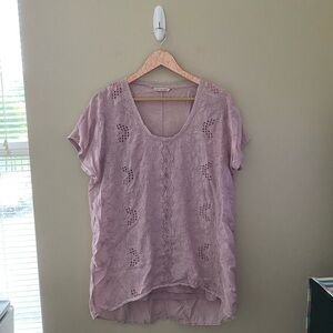 Soft Surroundings Pink Eyelet Sheer Overlay Short Sleeve Tunic Top Size Medium